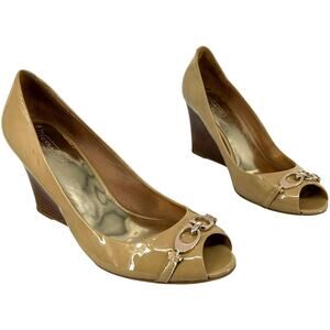 VTG y2k Women's Tan Patent Leather COACH Elora Wedge Peep Toe Buckle Sandals 9M
